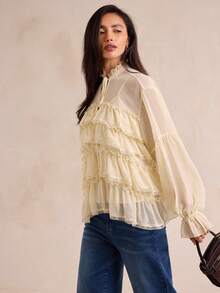 Enchnt Women's Solid Color Frill Trim Tie Neck Long Sleeve Multi-Layer Ruffle Elegant Blouse - Apricot - View 6