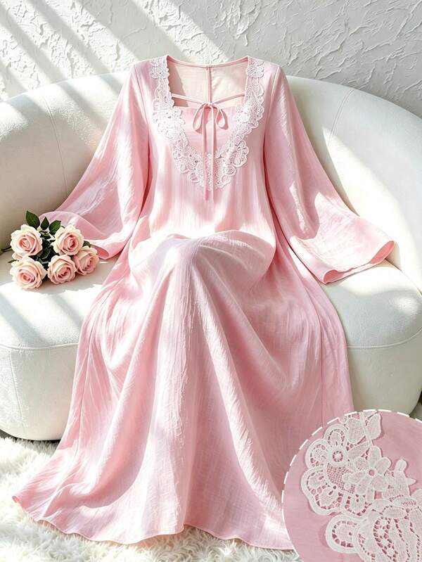 Yasmyna Sweet Youthful Embroidered Collar 2 In 1 Tie Waist Loose Slimming Long Sleeve Flared Elegant Pink Date Dress For Women