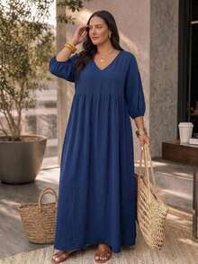 SHEIN CURVE+ 大尺碼 V 領七分袖海軍藍紋理布料長版寬鬆洋裝，2026 冬季 22W - 藏蓝色 - 查看 3
