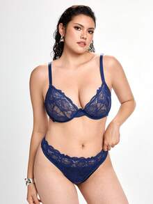 Slumbrini 1 Set Women Plus Size Solid Color Lace Underwire Bra & Panty Set, Lift - Navy Blue - View 1