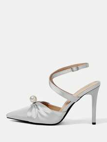 CUCCOO HITCHD Women Ruched Satin Mule High Heels, Faux Pearl Decor Pointed Toe Ankle Buckle Strap Stiletto Sandals For Evening Wedding Bridal Dress Shoes - silver gray - View 9