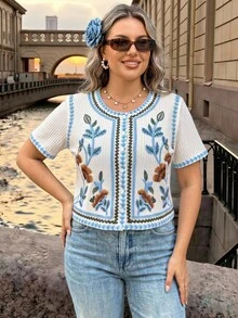 Vionelle Damen T-Shirt in Großen Größen, Französischer Lässiger Eleganter Stil, Muster, Rundhals, Kurzarm - Aprikosenfarben - Übersicht 5