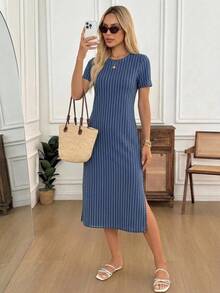 SHEIN LUNE 女款極簡日常條紋圓領短袖側開衩洋裝 - 彩色 - 查看 3