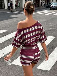 SHEIN PariChic Women's Spring/Summer New Casual Outing Maillard Striped Asymmetrical Shoulder Waist-Defining T-Shirt And Shorts Set - Multicolor - View 2
