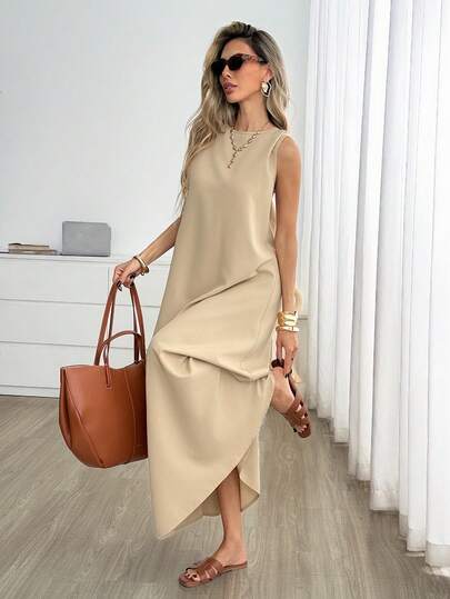Easowa Đầm sát nách nữ mùa hè phong cách thường ngày màu trơn
