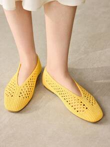 MOTF WOMEN LIGHT YELLOW HOLLOW OUT SQUARE TOE FLATS SPRING SHOES - Light yellow - View 2