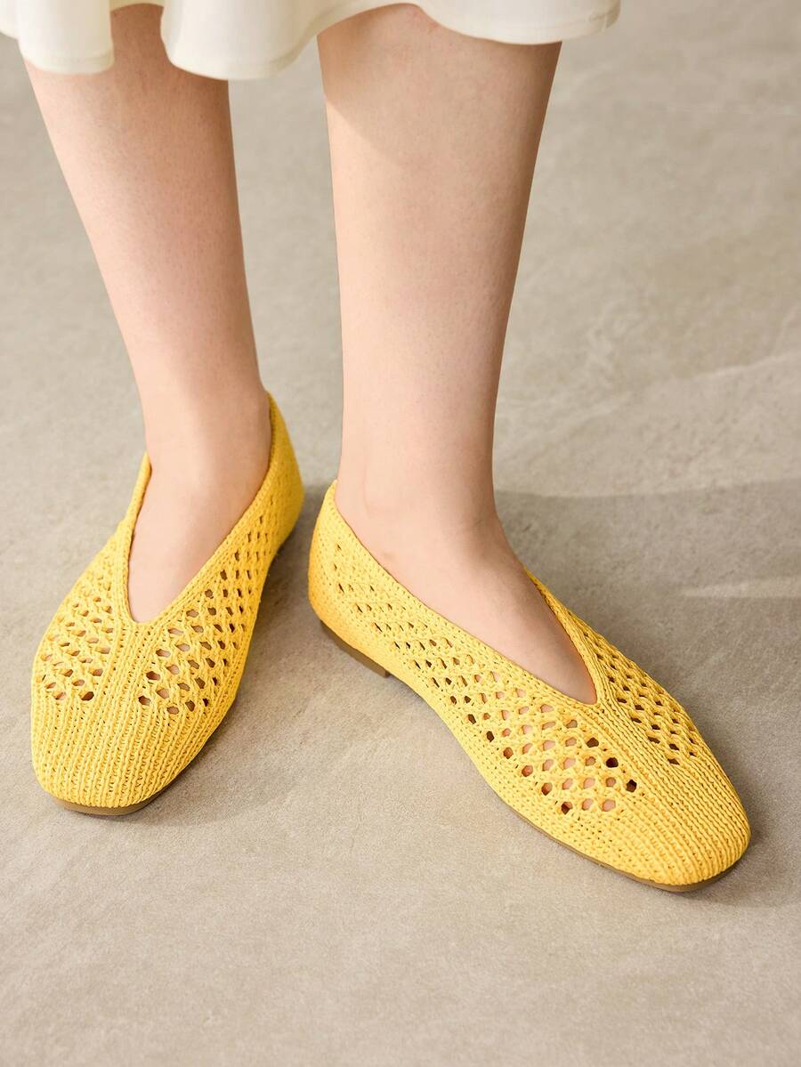 MOTF WOMEN LIGHT YELLOW HOLLOW OUT SQUARE TOE FLATS SPRING SHOES - Light yellow - View 2