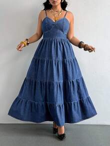 SHEIN Holidaya Plus Size Summer Casual Tie Back Open Back Spaghetti Strap Denim Dress - Blue - View 5