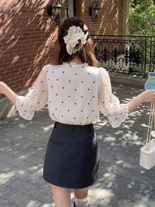 Bijouette 女款波點圖案喇叭袖荷葉邊時尚襯衫 - 黑與白 - 查看 11
