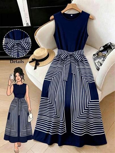SHEIN LUNE Vestido de verano 2026 nuevo azul marino sin mangas con estampado cuello redondo talla grande vacaciones formal brunch vacaciones elegante casual tropical brunch vacaciones