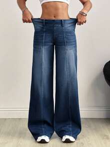Flexra Plus Size Fashion Mid-Blue Denim Washed Wide Leg Pants - Dark Wash - View 7