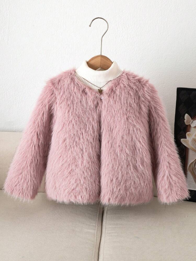 Elladie kids Girls' Minimalist Long Fur Faux Fur Loose Coat, Winter Wear, Exquisite & Elegant Urban Style - Dusty Pink - View 1