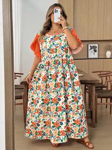 SHEIN CURVE+ 大尺碼US22音樂節海邊度假波希米亞風隨機印花休閒度假風數位印花寬鬆短袖洋裝 - 彩色 - 查看 5