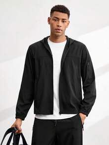 Driftmere 1pc Casual Sports Hooded Jacket, Zipper Closure, Regular Fit, Suitable For Hiking, Running, Outdoor Activities, Father''s Day - Black - View 1
