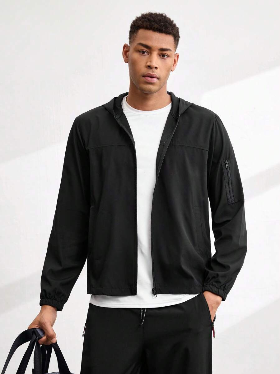 Driftmere 1pc Casual Sports Hooded Jacket, Zipper Closure, Regular Fit, Suitable For Hiking, Running, Outdoor Activities, Father''s Day - Black - View 1