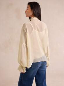Enchnt Women's Solid Color Frill Trim Tie Neck Long Sleeve Multi-Layer Ruffle Elegant Blouse - Apricot - View 9