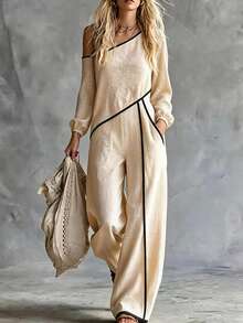 SHEIN Jumpsuit Wanita Musim Semi/Panas/Gugur Motif Aprikot Bertekstur Bahu Asimetris dengan Garis Kontras Hitam, Lengan Panjang, dan Potongan Pinggang Lebar - Aprikot - View 5