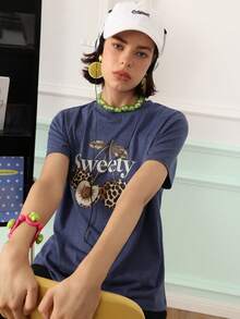 Chillnights Top de pijama de manga corta casual para uso diario en casa con estampado de letras & cerezas para mujer - Azul Marino - Ver 4