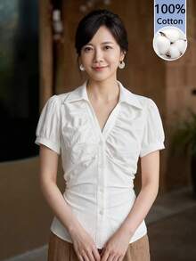 Yumoku Casual French Elegant Women's Summer 100 Cotton Button-Down Shirt Teachers' Day Brunch Office Work White Back To School Going Out Tops - White - View 5