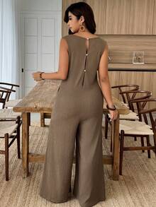 Weeklong Jumpsuit Rajut Tanpa Lengan Polos Wanita Ukuran Plus Musim Semi/Panas 2026, Rompi Santai Kasual dengan Tali O-Ring dan Kaki Lebar untuk Pakaian Sehari-hari & di Rumah - Coffee Brown - View 5