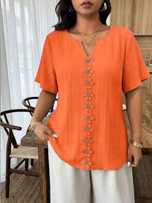 Weeklong Blusa holgada de manga corta con volantes y parches florales para mujer talla grande, primavera/verano - Naranja - Ver 4