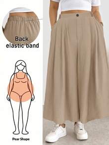 Shapeblank 大尺碼女款純色口袋休閒百搭寬腿褲，適合日常穿著 - 杏色 - 查看 1