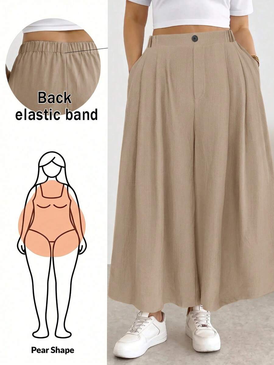 Shapeblank 大尺碼女款純色口袋休閒百搭寬腿褲,適合日常穿著 - 杏色 - 查看 1