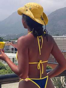 Costavie 女款夏季海灘字母印花掛脖綁帶性感時尚比基尼兩件式泳衣套裝 - 藏蓝色 - 查看 2