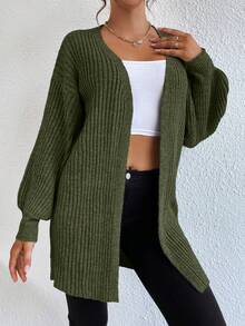 EURMUSE Casual Solid Color Drop Shoulder Loose Cardigan - Army Green - View 5