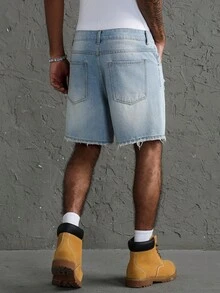 GALLERY FADE Men's Casual Daily Denim Shorts With Pocket, Button And Distressed Design - Blue - View 2