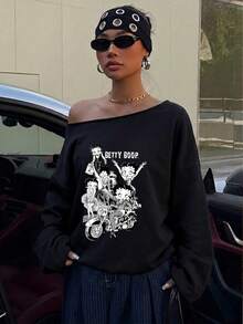 Betty Boop x SHEIN SHEIN EZwear 休閒寬鬆露肩卡通印花加厚衛衣，適合外出、街頭風、時尚、返校、Y2K、派對日常穿搭，秋季 - 黑色 - 查看 3