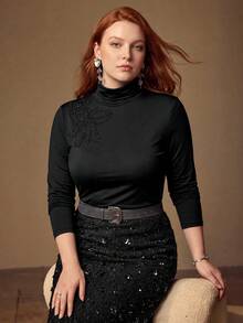 MOTF PREMIUM PLUS SIZE WOMEN'S ELASTIC KNIT HIGH NECK RHINESTONE T-SHIRT - Black - View 2
