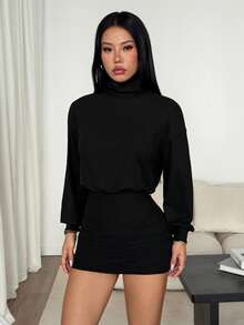 SHEIN PETITE High Neck Drop Shoulder Pleated Bodycon Dress - Black - View 7