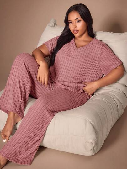 Lazeform Set pigiama da donna taglie forti in tessuto a costine lavorato a maglia, stile casual minimalista, con scollo a V, maniche corte e pantaloni lunghi, adatto per tutte le stagioni e per uso esterno