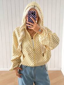 SHEIN EZwear 女款波點圖案長袖拉鍊連帽外套 - 黑與白 - 查看 1