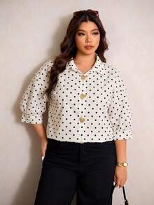 Elaquor Plus Size French Fashion Metal Heart Buckle Polka Dot Print Blouse - White - View 7