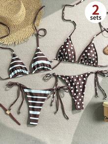 SHEIN Swim 女款夏季海灘度假掛脖綁帶波點條紋性感丁字比基尼泳衣4件套，棕色上衣、藍色上衣，度假穿搭、海灘穿搭、女性度假穿搭、波點上衣、返校季、教師 - 彩色 - 查看 1