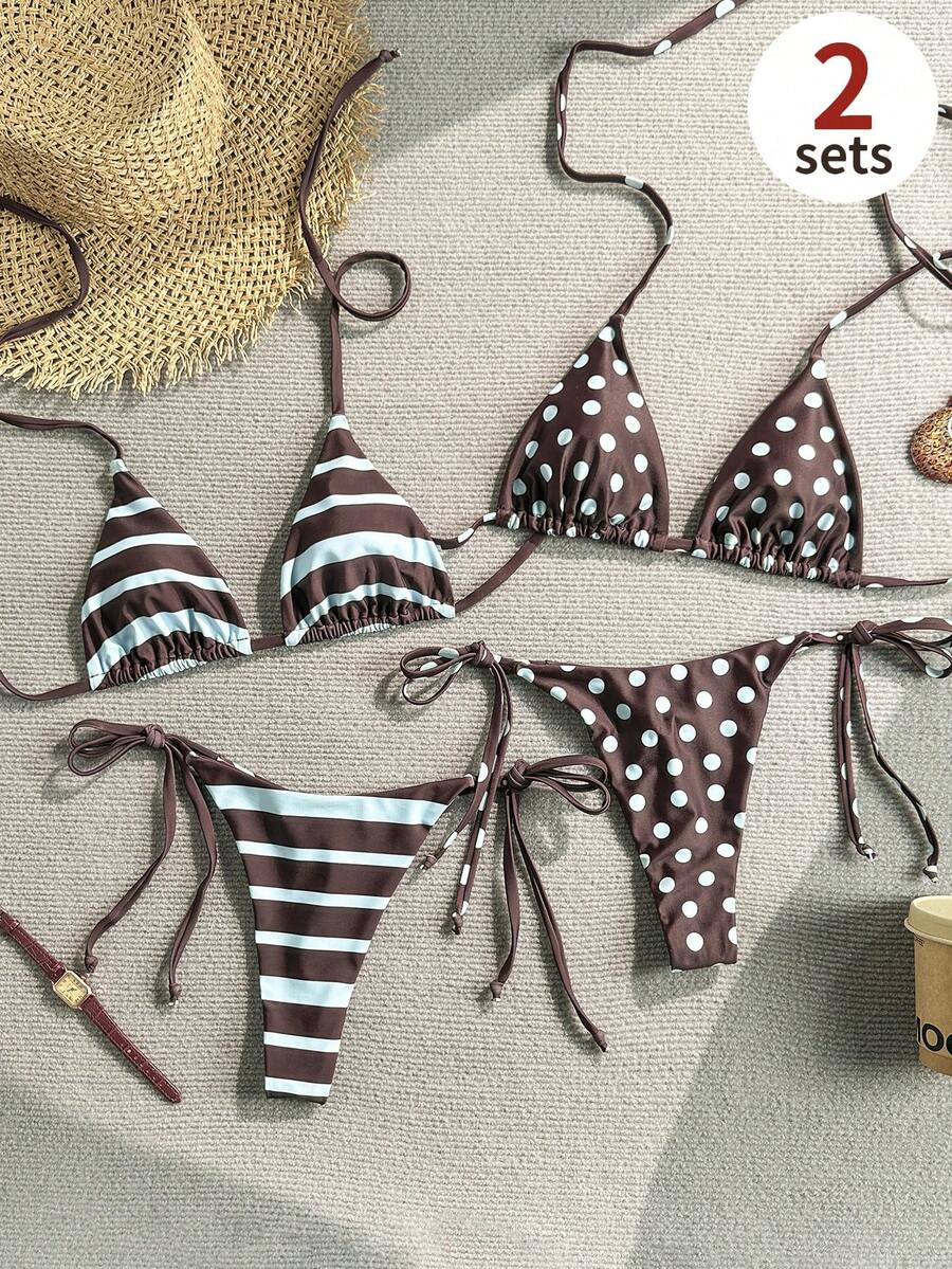 SHEIN Swim 女款夏季海灘度假掛脖綁帶波點條紋性感丁字比基尼泳衣4件套,棕色上衣、藍色上衣,度假穿搭、海灘穿搭、女性度假穿搭、波點上衣、返校季、教師 - 彩色 - 查看 1
