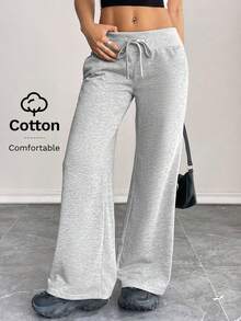 SHEIN PETITE Celana Sweatpants Wanita Rajut Polos Nyaman dan Kasual dengan Pinggang Rendah dan Kaki Lebar, untuk Wanita Bertubuh Mungil - Grey - View 4