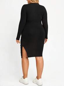 Plussiva Gaun Kasual Pas Badan Ukuran Plus untuk Ibu Hamil, Warna Polos, Leher Bulat, Lengan Panjang - Hitam - View 2