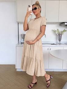 SHEIN 孕婦夏季休閒純色短袖洋裝 - 卡其色 - 查看 4