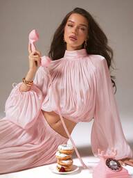 L'Amorae Women's Baby Pink High Neck Lantern Sleeve Cropped Blouse, Vacation, Chic, New Year, Party, Summer, Birthday, Elegant, Night Out, Fall