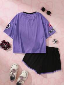 HELLO KITTY AND FRIENDS | SHEIN Set Kaos dan Celana Pendek Bergambar Kartun untuk Anak Perempuan Remaja - Purple - View 2