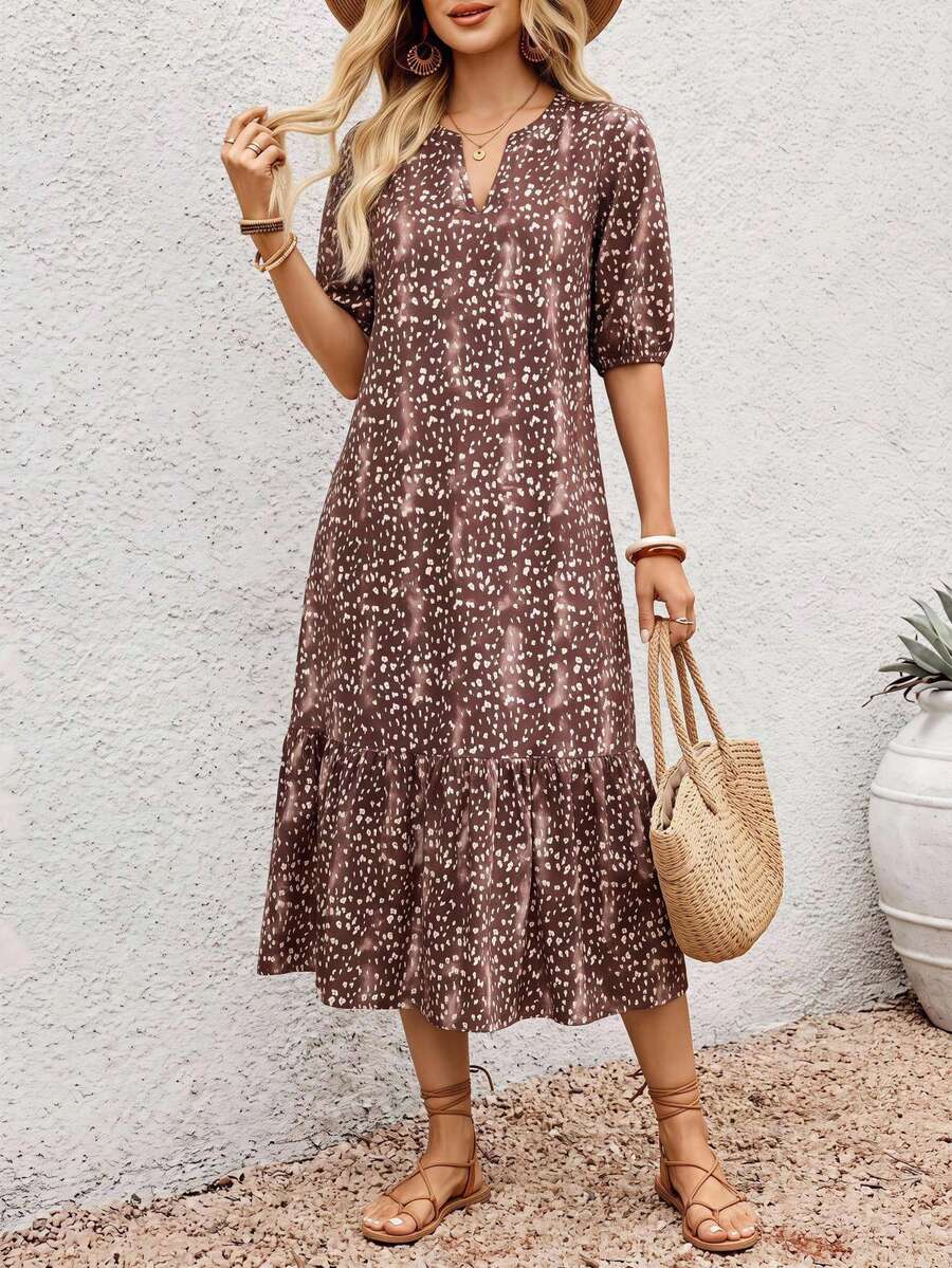 EMERY ROSE Women's Vacation Casual Boho All-Over Print Dress Vacation Brown And Pink Polka Dot Summer - Multicolor - View 1