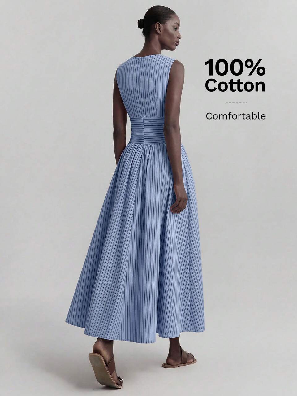 Blue And White Stripe,Summer,Elegant Tropical,Brunch Vacation Women's Patchwork Round Neck Sleeveless Waist Pleated Long Dress, A-Line Maxi Gown