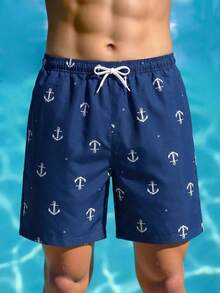 (Random 3 Pcs Send 1 Pcs ) Teen Boy Casual Minimalist Anchor Pattern Loose Swim Shorts, Suitable For Summer Vacation, Beach, Seaside, Swimming Pool - Navy Blue - View 6
