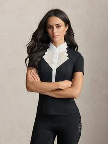 Activina Women's Stand Collar Black & White Mesh Patchwork Short Sleeve Button Half-Open Placket Equestrian Top Daily Wear  Pickleball Tennis Golf - Black and White - View 6