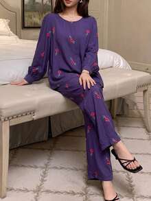 DAZY Ensemble de pyjama 2 pièces pour femmes avec Top à manches longues imprimé floral & pantalon long à jambes droites - Prune - Voir 4