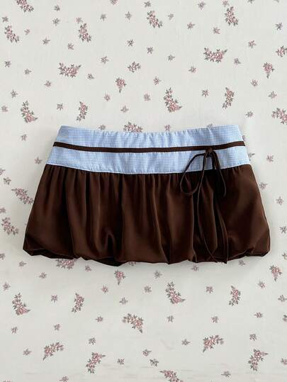 Elamini Spring Summer Autumn Blue Plaid & Brown Woven Patchwork Sexy Low Waist Fashion Commute Bow Tie Lace Trim Bud Mini Skirt Women's Skirt