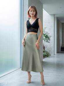 SHEIN PETITE 女款優雅百搭緞面中長裙，鼠尾草綠橄欖綠裙，適合夏季約會秋季穿著，小個子女性 - 綠色 - 查看 6
